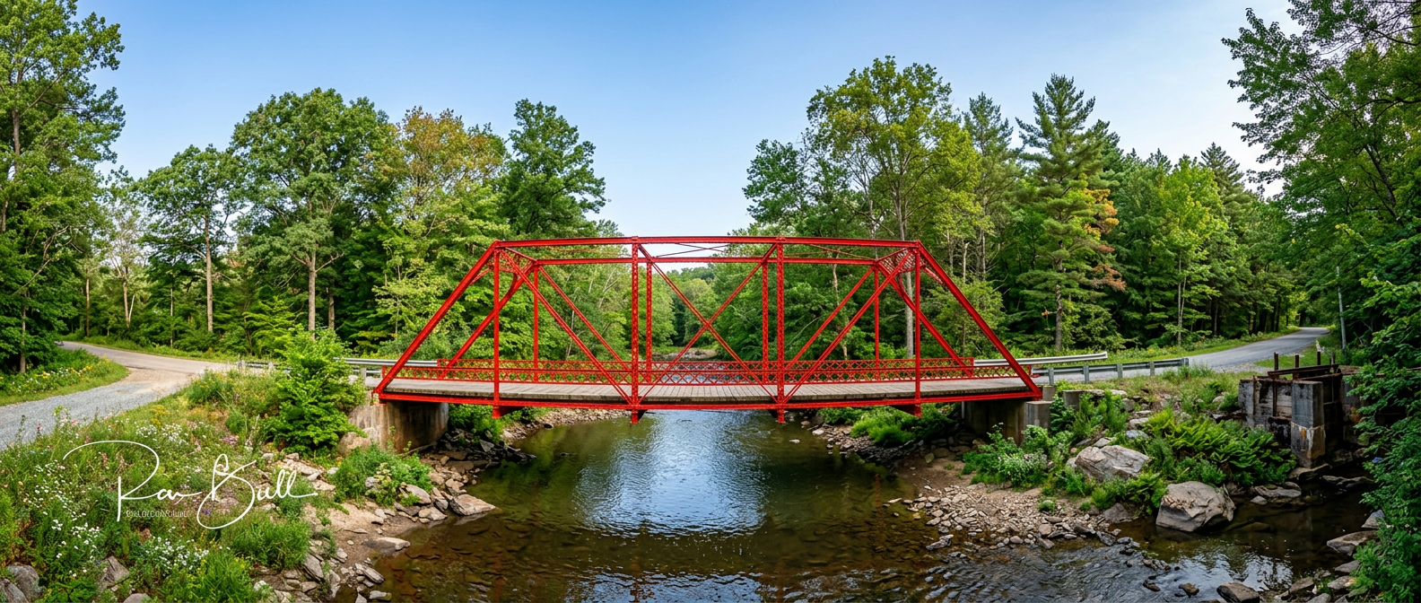 Iconic red truss bridge near Holliday Farms in Zionsville, Indiana