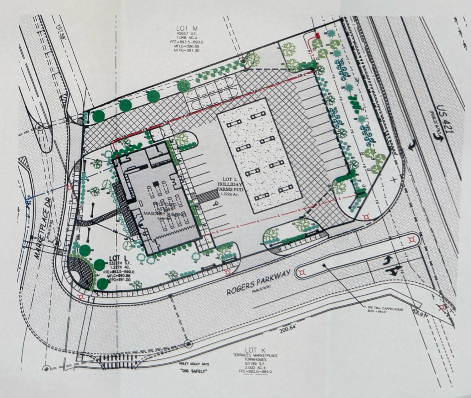 Proposed site plan of the 16-bay gas station on Lot L of the Holliday Farms PUD, between US 421, Marketplace Drive, and Rogers Parkway